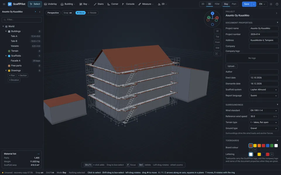 ScaffPilot editor with a facade scaffold and stair tower around a house
